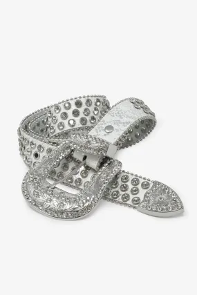 Allover Rhinestone Studded Belt - White