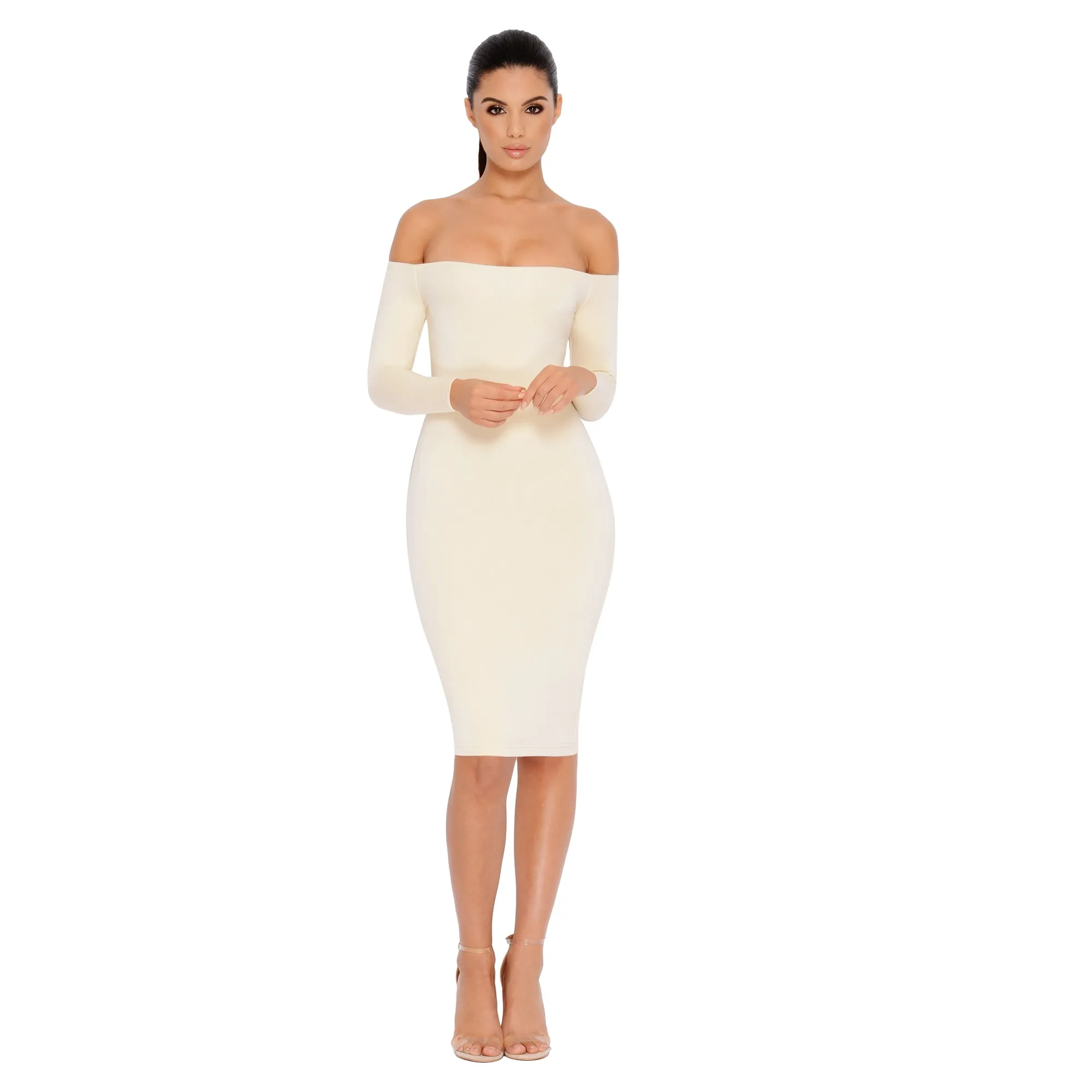 Bare Enough Off The Shoulder Double Layered Midi Dress in Ivory