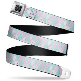 BD Wings Logo CLOSE-UP Black/Silver Seatbelt Belt - Easter Bunnies Smiling Sky Blue Webbing