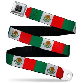 BD Wings Logo CLOSE-UP Black/Silver Seatbelt Belt - Mexico Flag Continuous Webbing