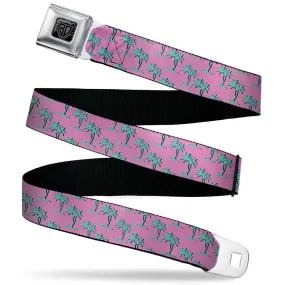 BD Wings Logo CLOSE-UP Black/Silver Seatbelt Belt - Palm Trees Silhouette Monogram Pink/Turquoise Webbing