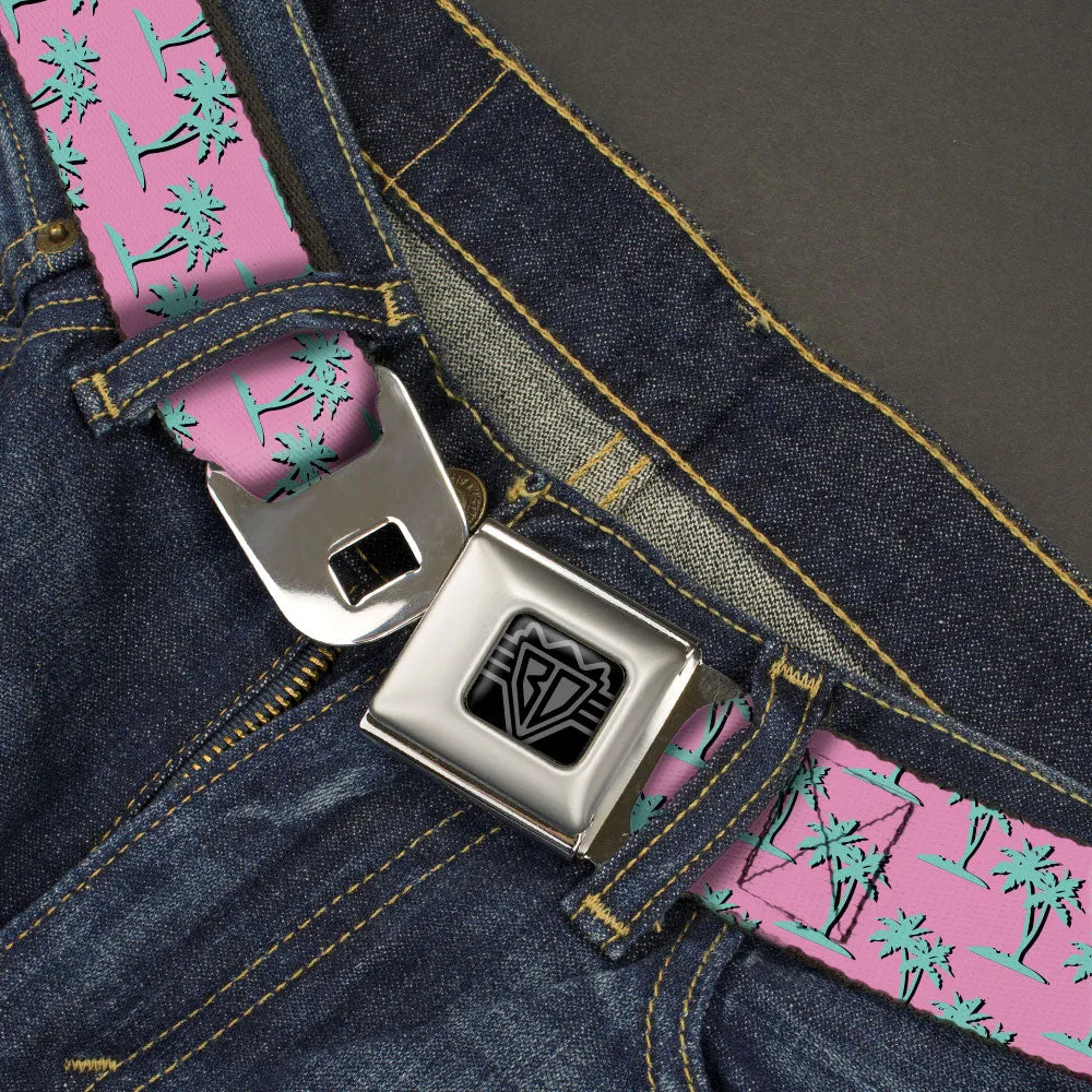 BD Wings Logo CLOSE-UP Black/Silver Seatbelt Belt - Palm Trees Silhouette Monogram Pink/Turquoise Webbing