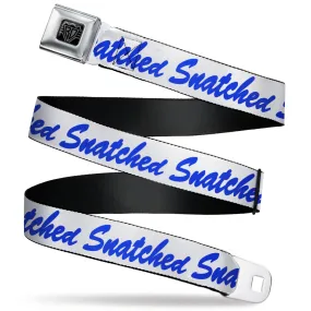 BD Wings Logo CLOSE-UP Black/Silver Seatbelt Belt - SNATCHED Script  White/Blue Webbing