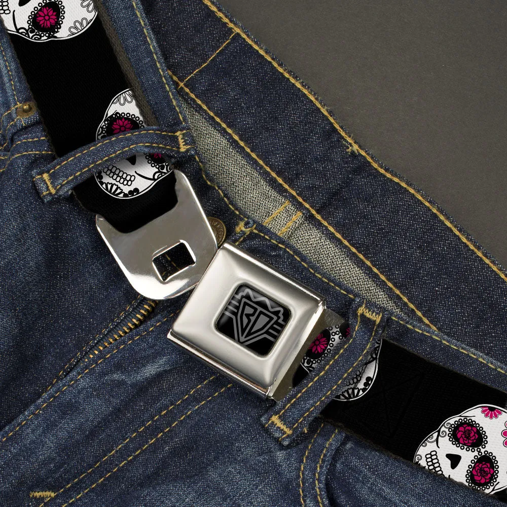 BD Wings Logo CLOSE-UP Black/Silver Seatbelt Belt - Staggered Sugar Skulls Black/White/Pink Webbing