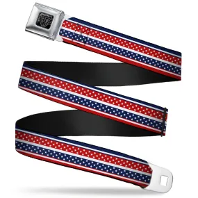 BD Wings Logo CLOSE-UP Full Color Black Silver Seatbelt Belt - Americana Stripe w/Mini Stars Blue/Red/White Webbing