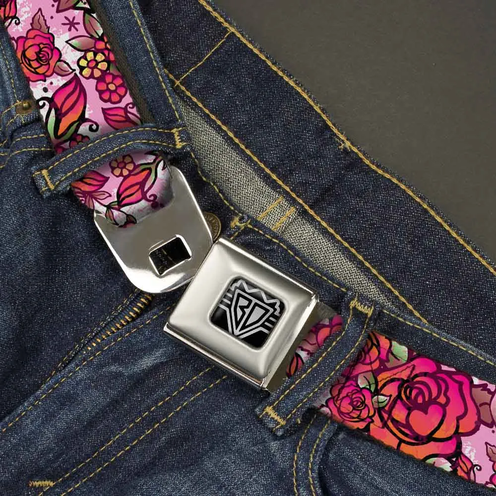 BD Wings Logo CLOSE-UP Full Color Black Silver Seatbelt Belt - Born to Blossom CLOSE-UP White Webbing