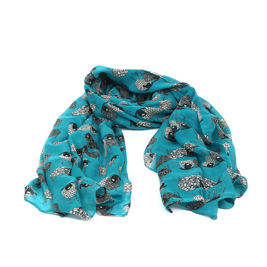 Bright Turquoise Scarf with Quirky Sheep Design