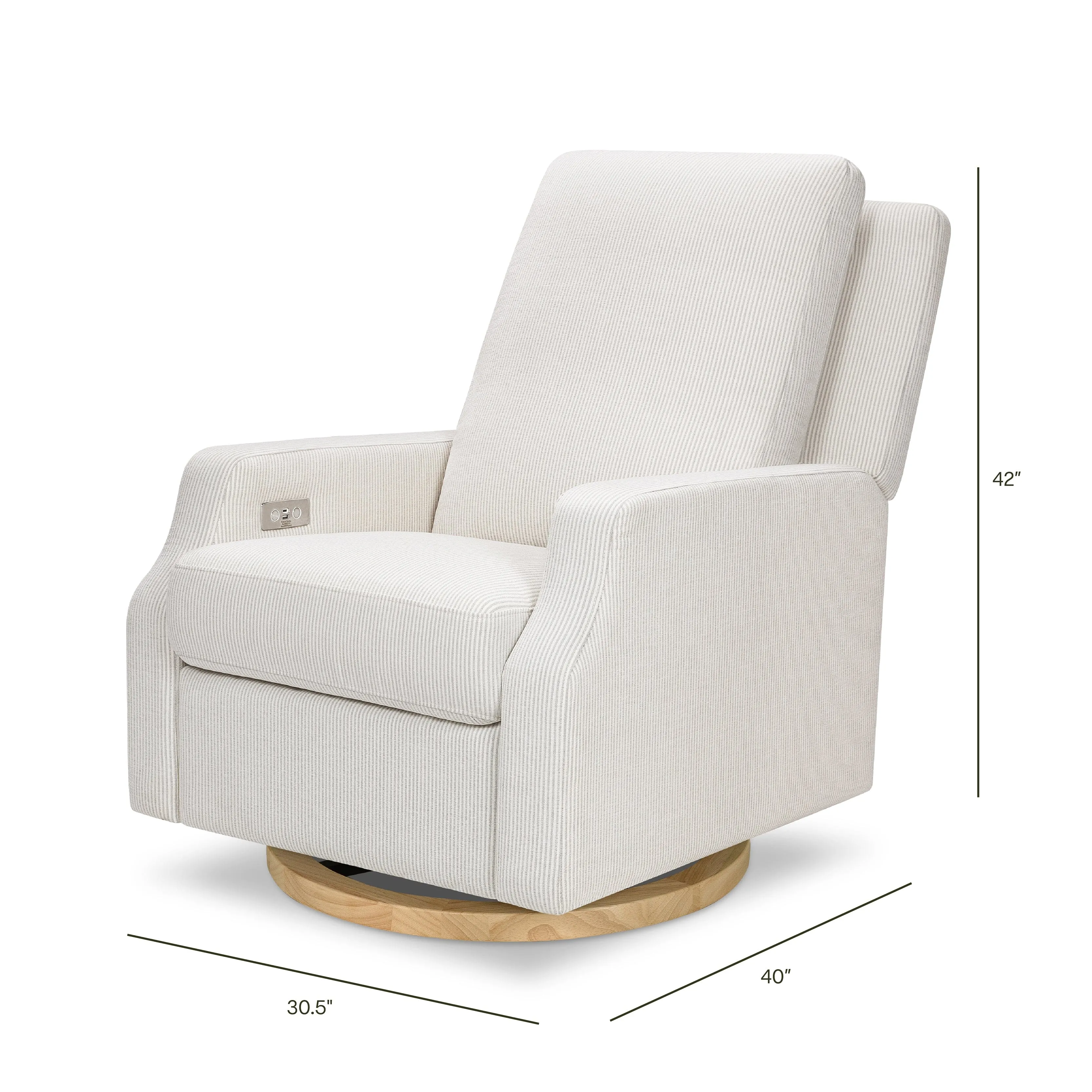 Crewe Electronic Recliner and Swivel Glider | Fog Chatham Stripe Performance Eco-Weave w/ Light Wood Base