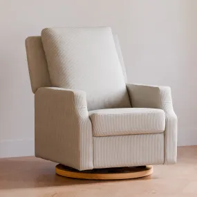 Crewe Electronic Recliner and Swivel Glider | Fog Chatham Stripe Performance Eco-Weave w/ Light Wood Base