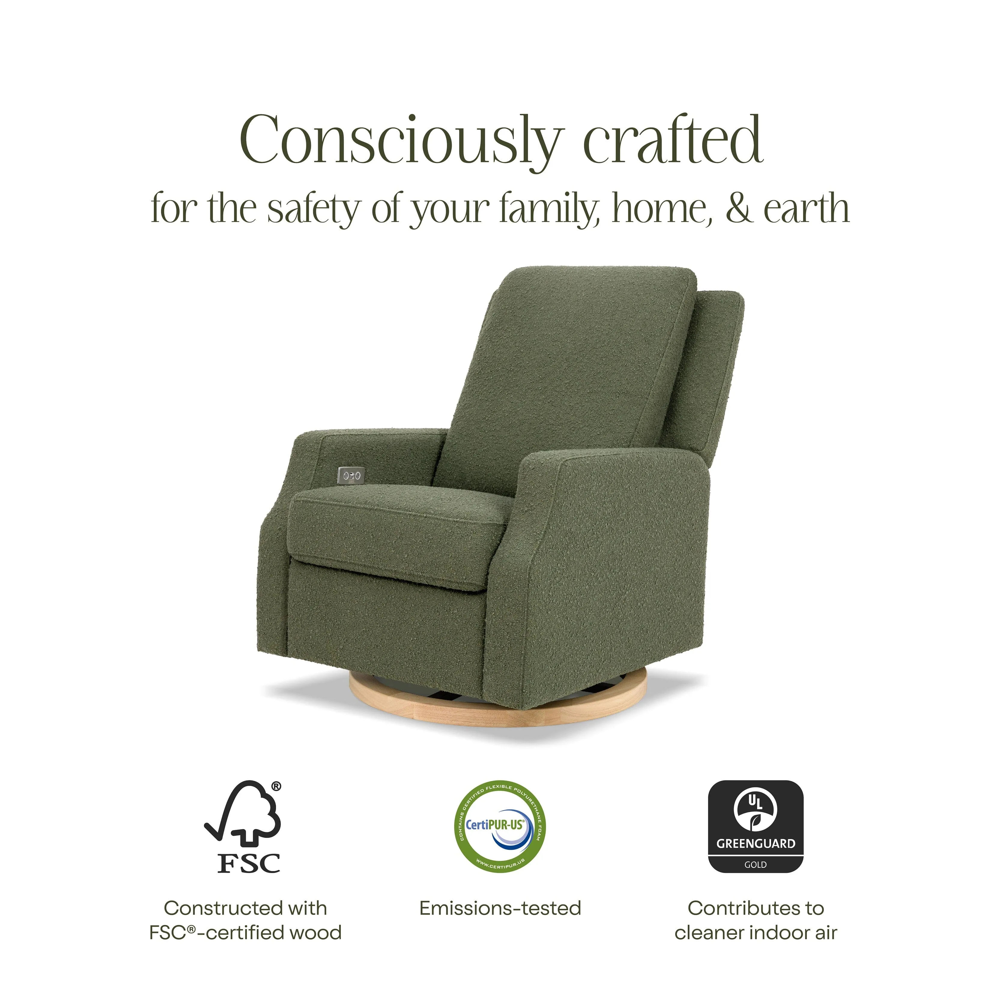 Crewe Electronic Recliner and Swivel Glider | Olive Boucle w/Light Wood Base