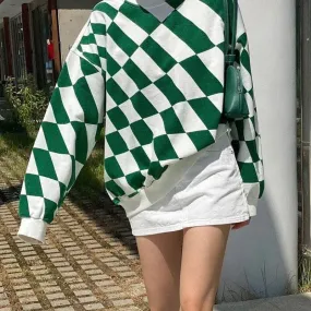 DressBetty - Green Plaid Print Korean Fashion Sweatshirts Women Autumn Long Sleeve Casual Loose Pullovers Streetwear 2000s Aesthetic