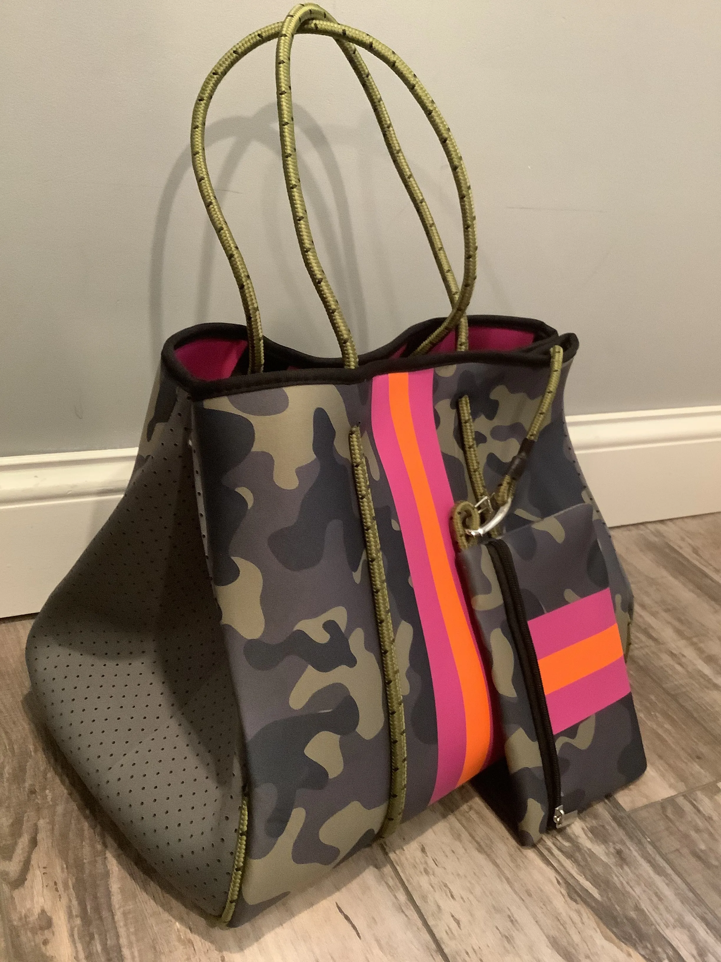 Green Camo with Neon Orange/Lavender Stripe Neoprene Tote bag 🧡💜