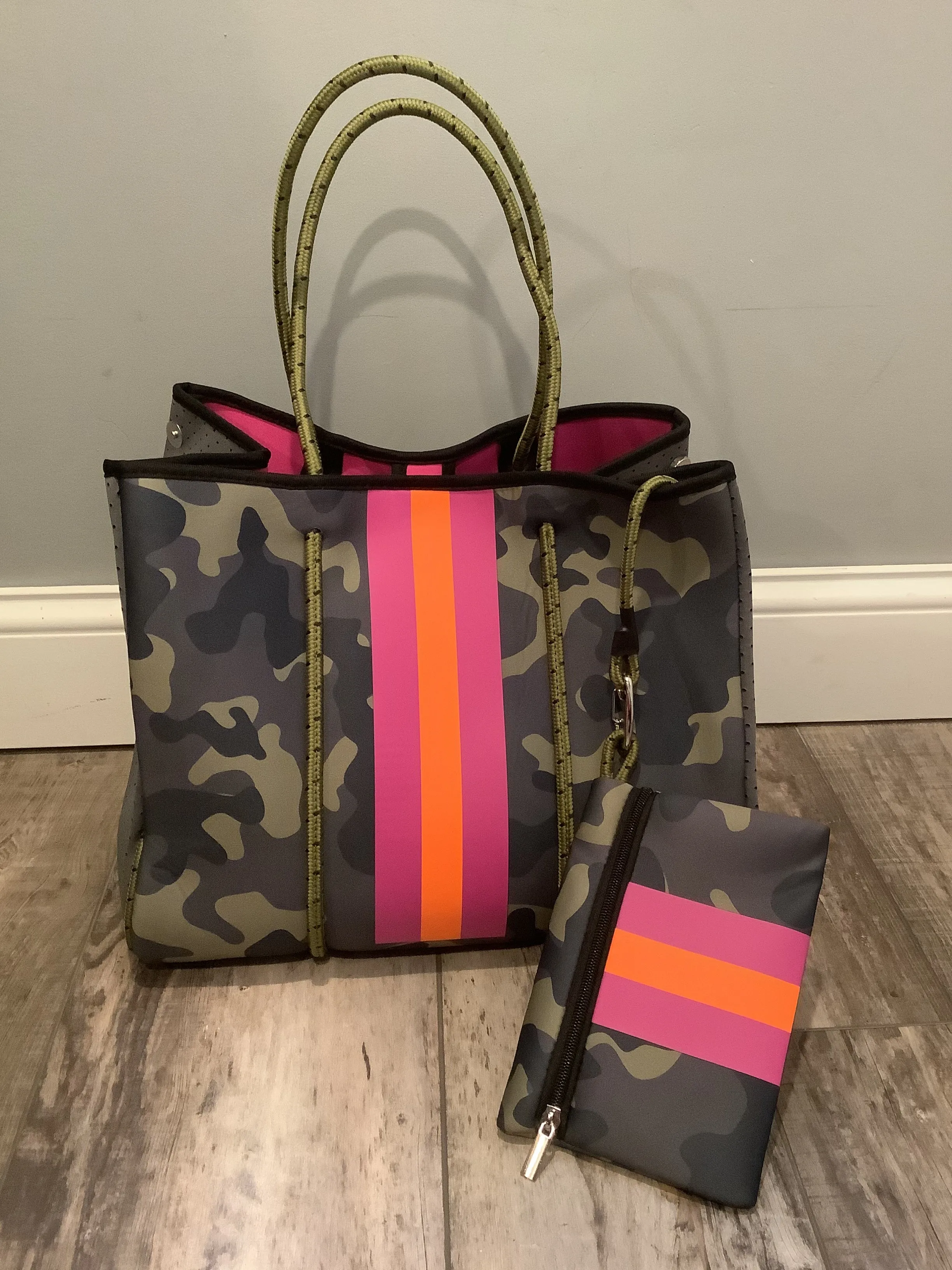 Green Camo with Neon Orange/Lavender Stripe Neoprene Tote bag 🧡💜