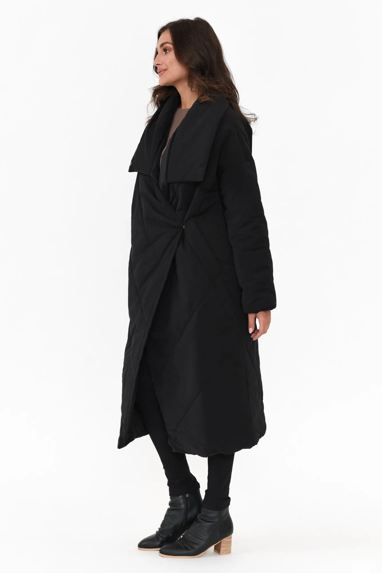 Halle Black Longline Wrap Coat