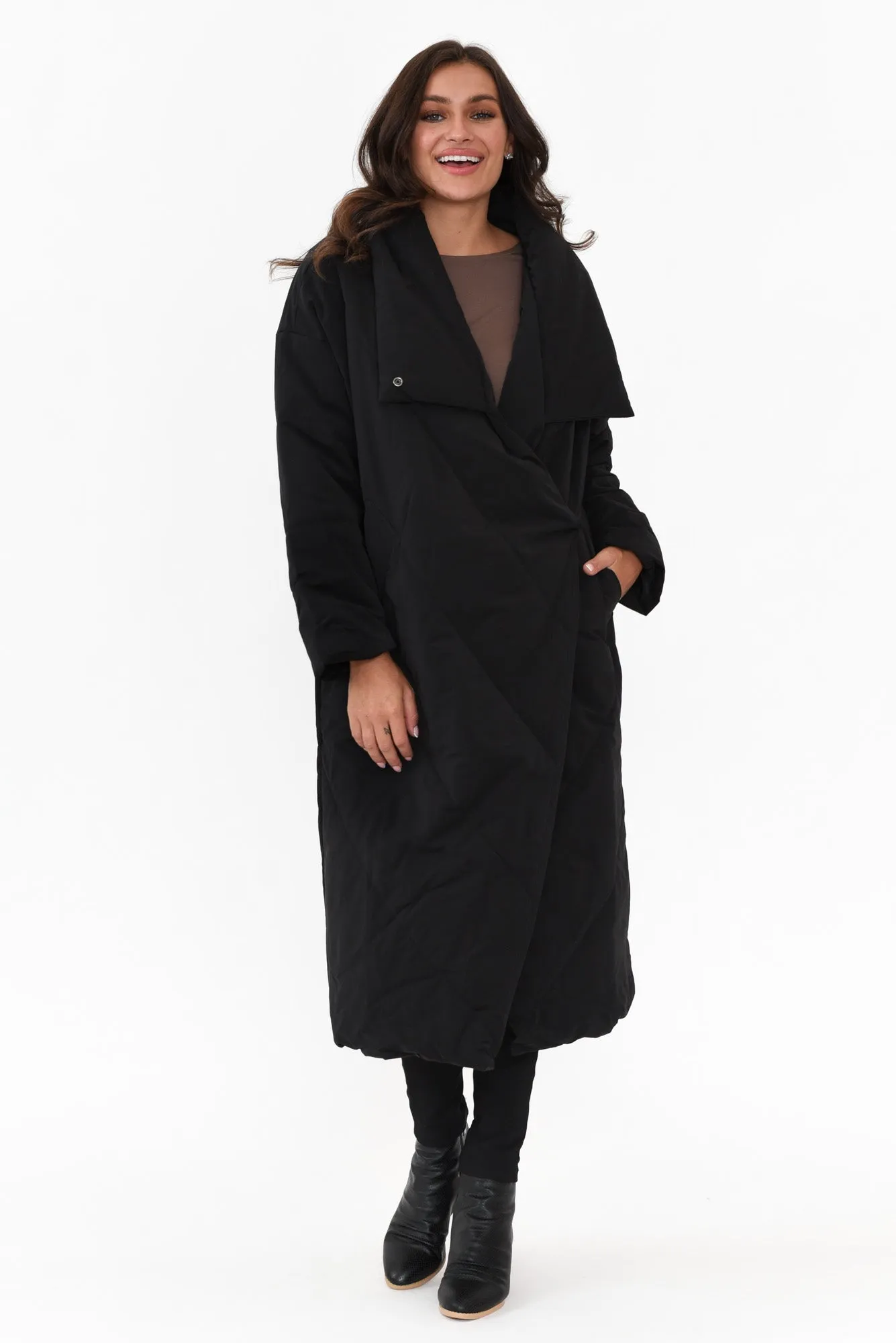 Halle Black Longline Wrap Coat