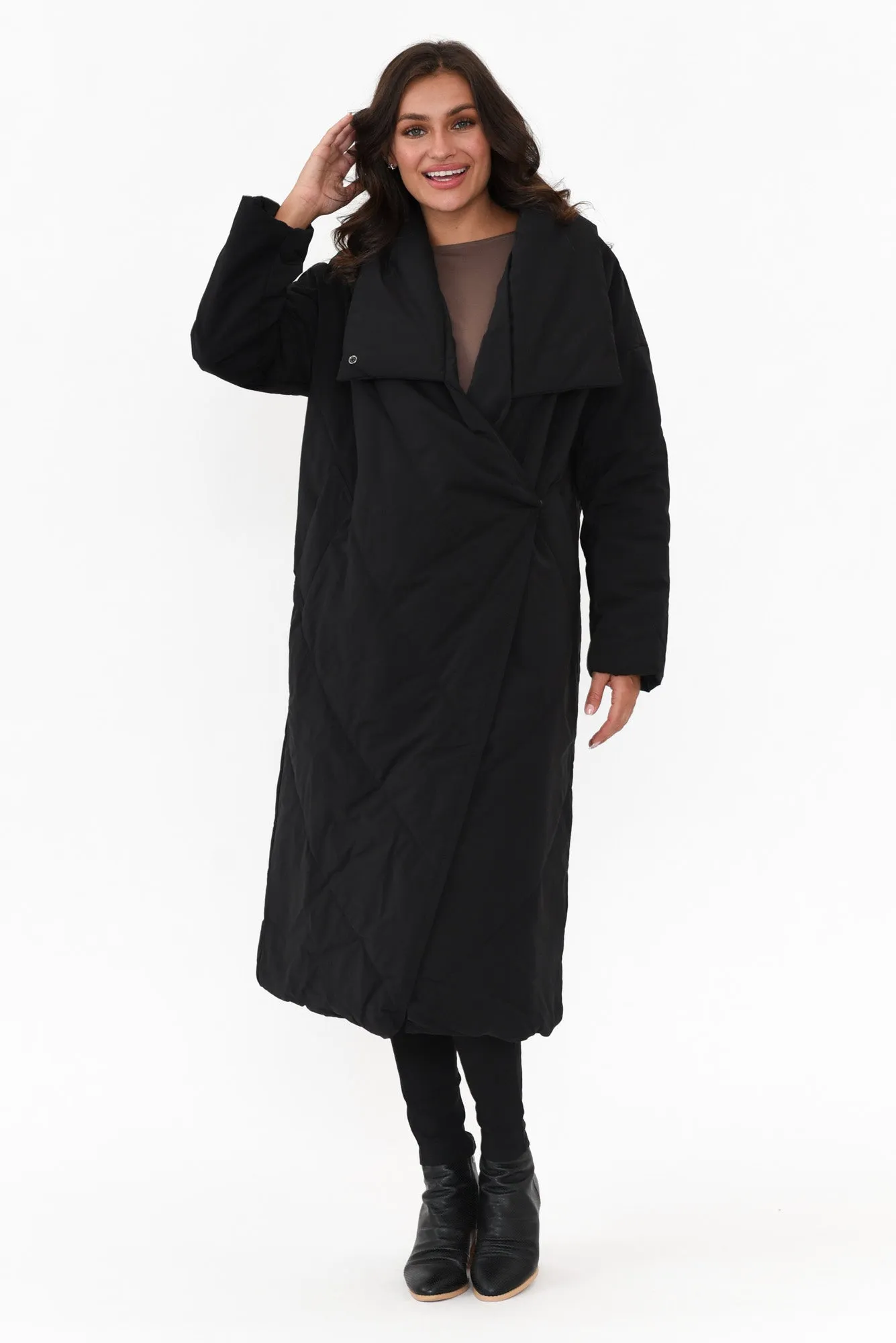 Halle Black Longline Wrap Coat