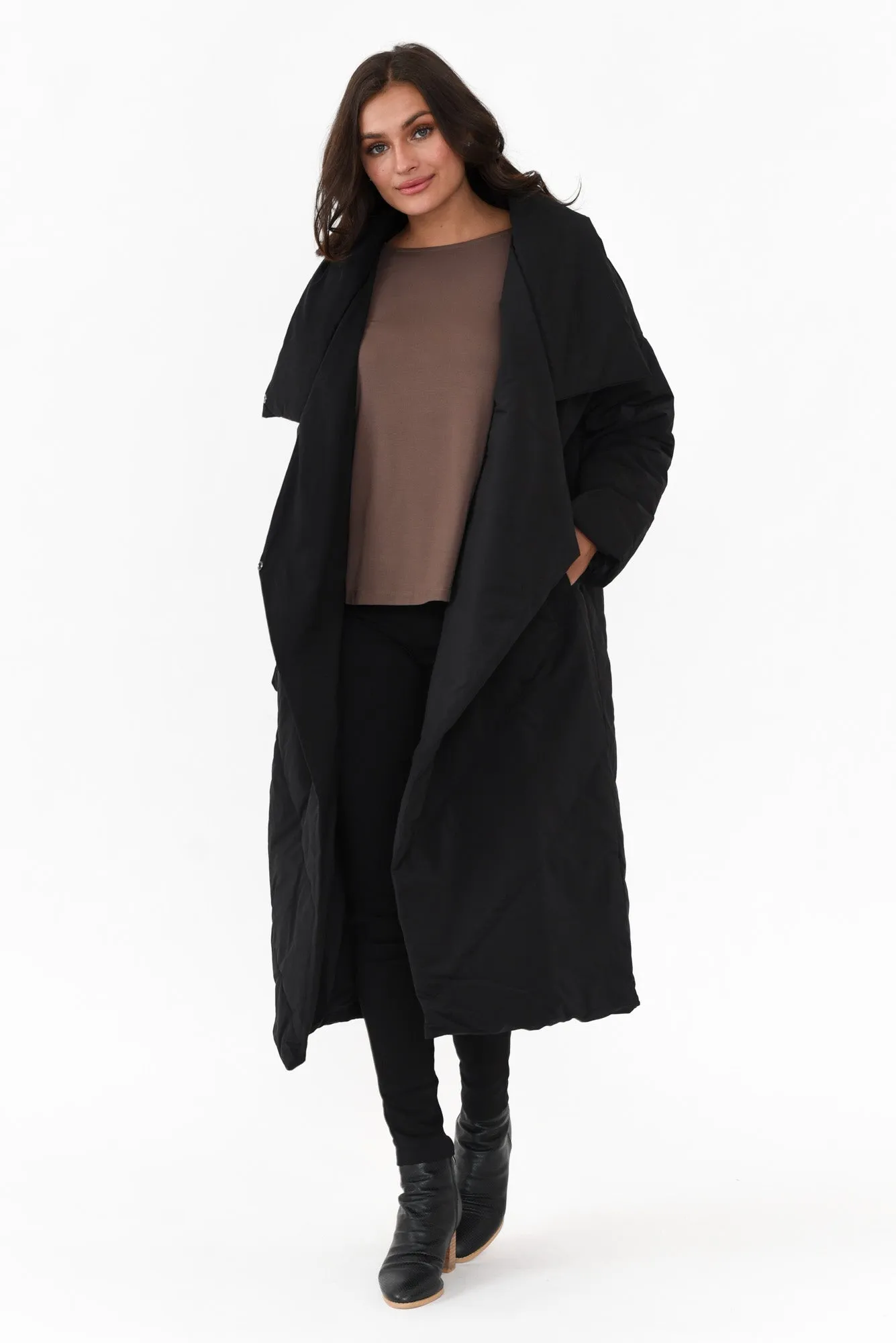 Halle Black Longline Wrap Coat