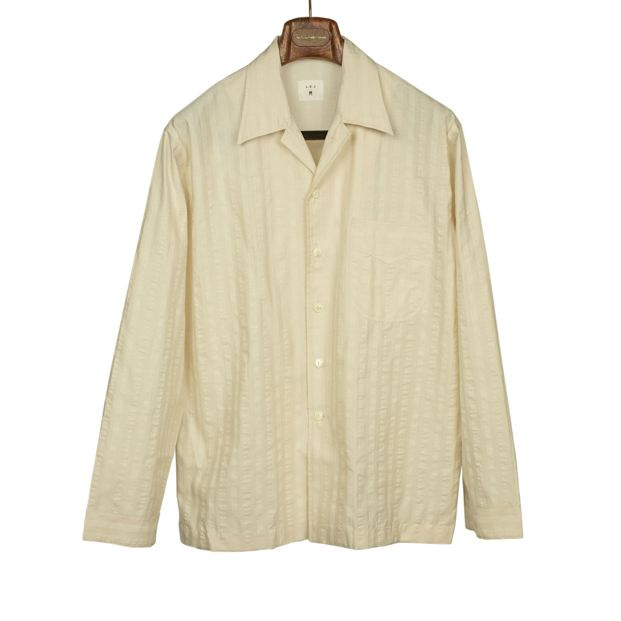 Le Plage Pyjama shirt in ecru jacquard stripe cotton and silk poplin