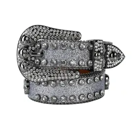 Rhinestone Skull Buckle Grey Strap With Grey Studded Belt