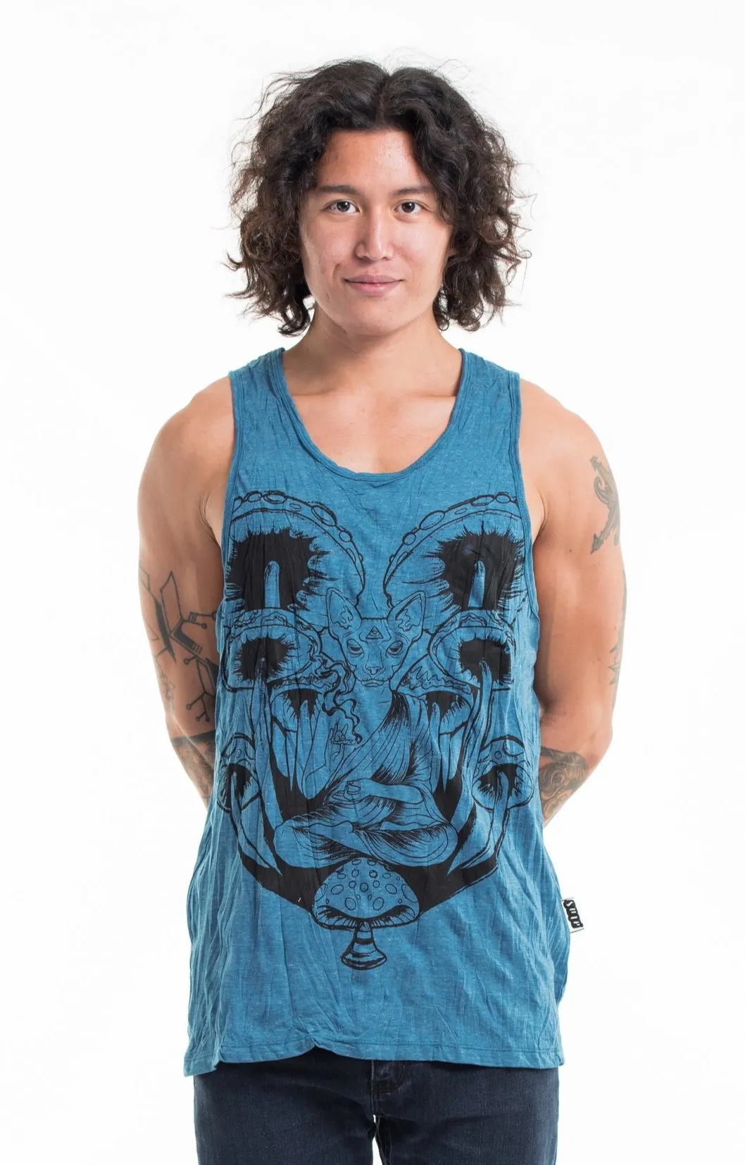 Sure Design Men's Spiritual Shroom Cat Tank Top Denim Blue