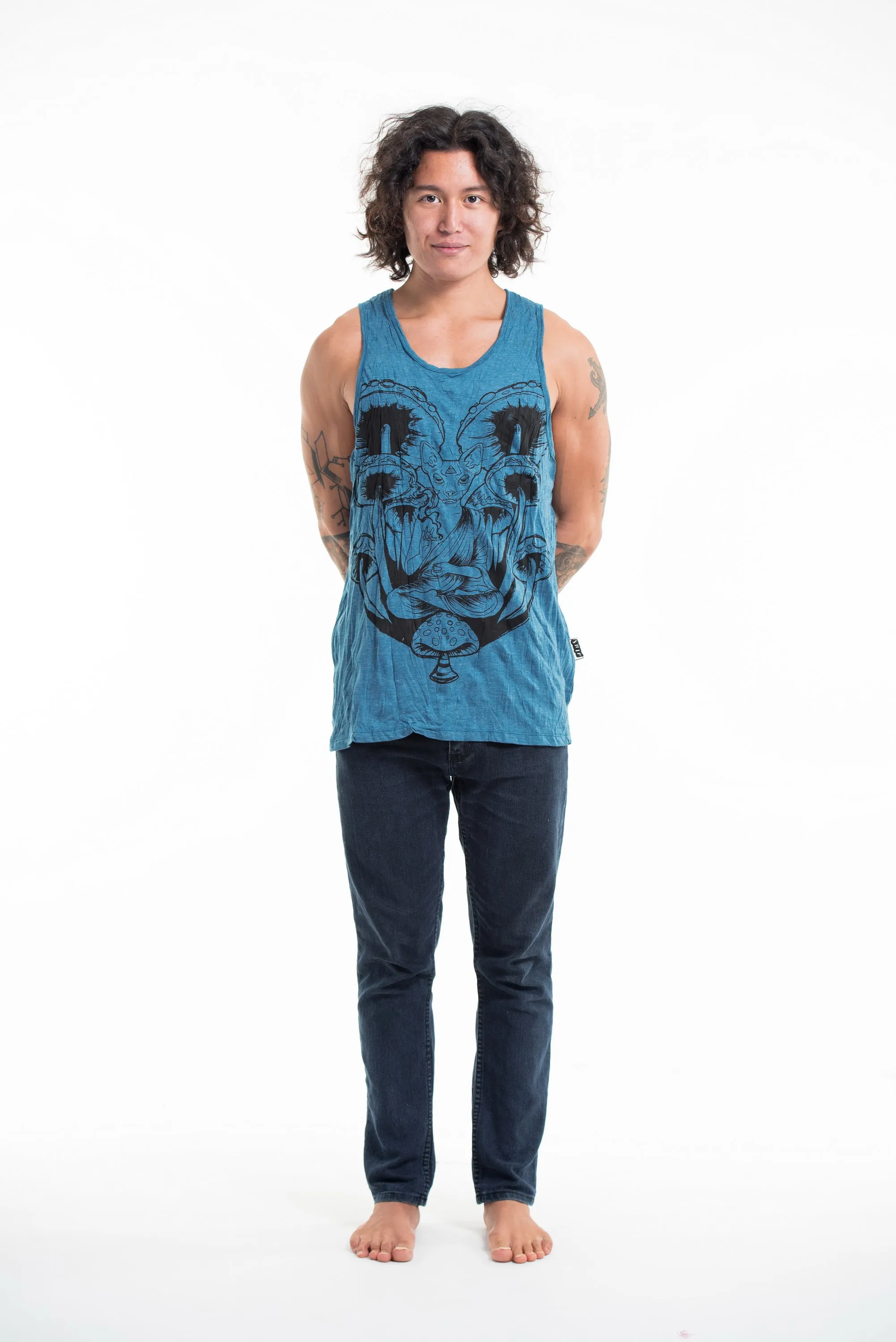 Sure Design Men's Spiritual Shroom Cat Tank Top Denim Blue