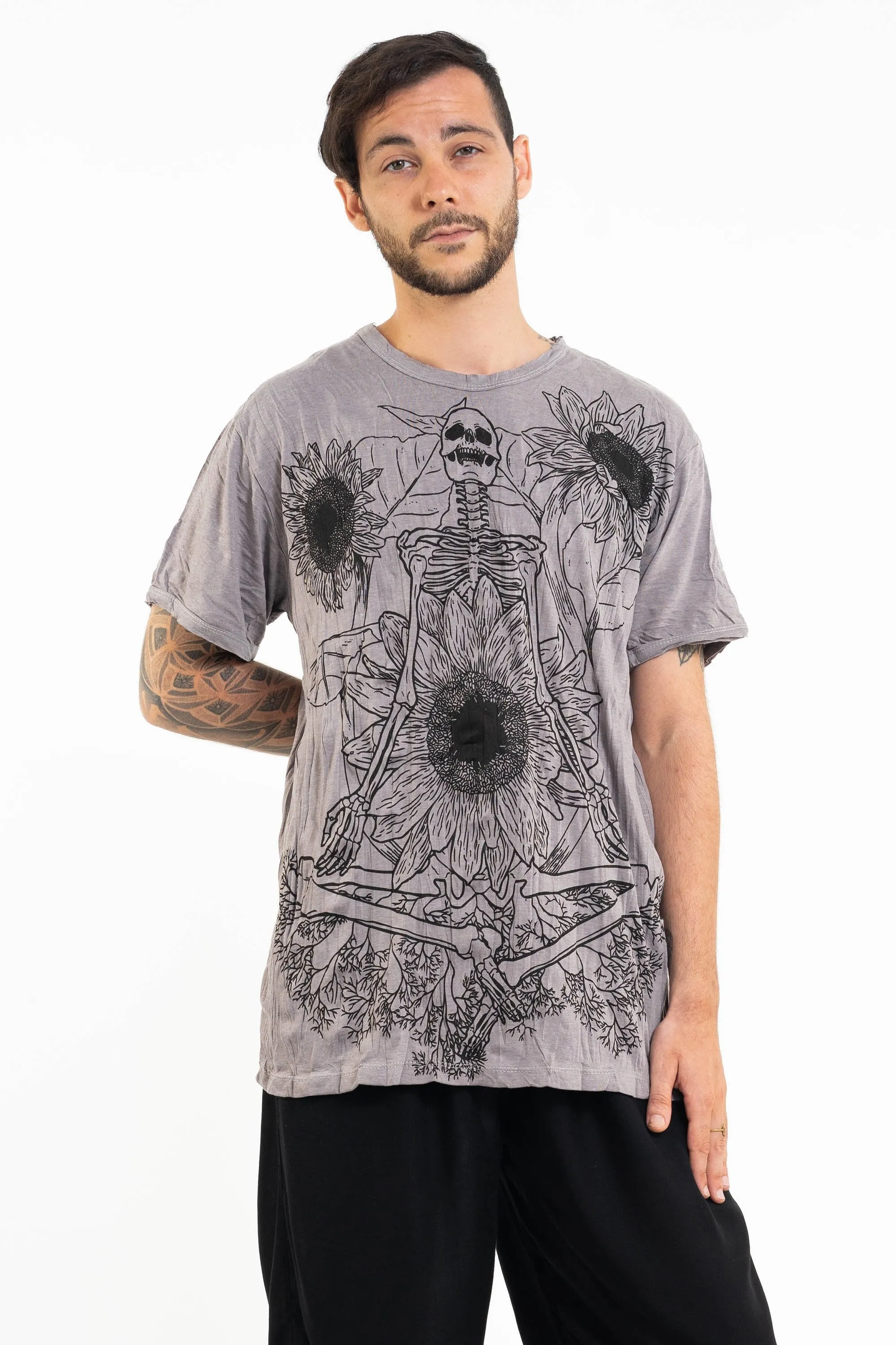 Sure Design Men's Sunflower Skull T-Shirt Gray